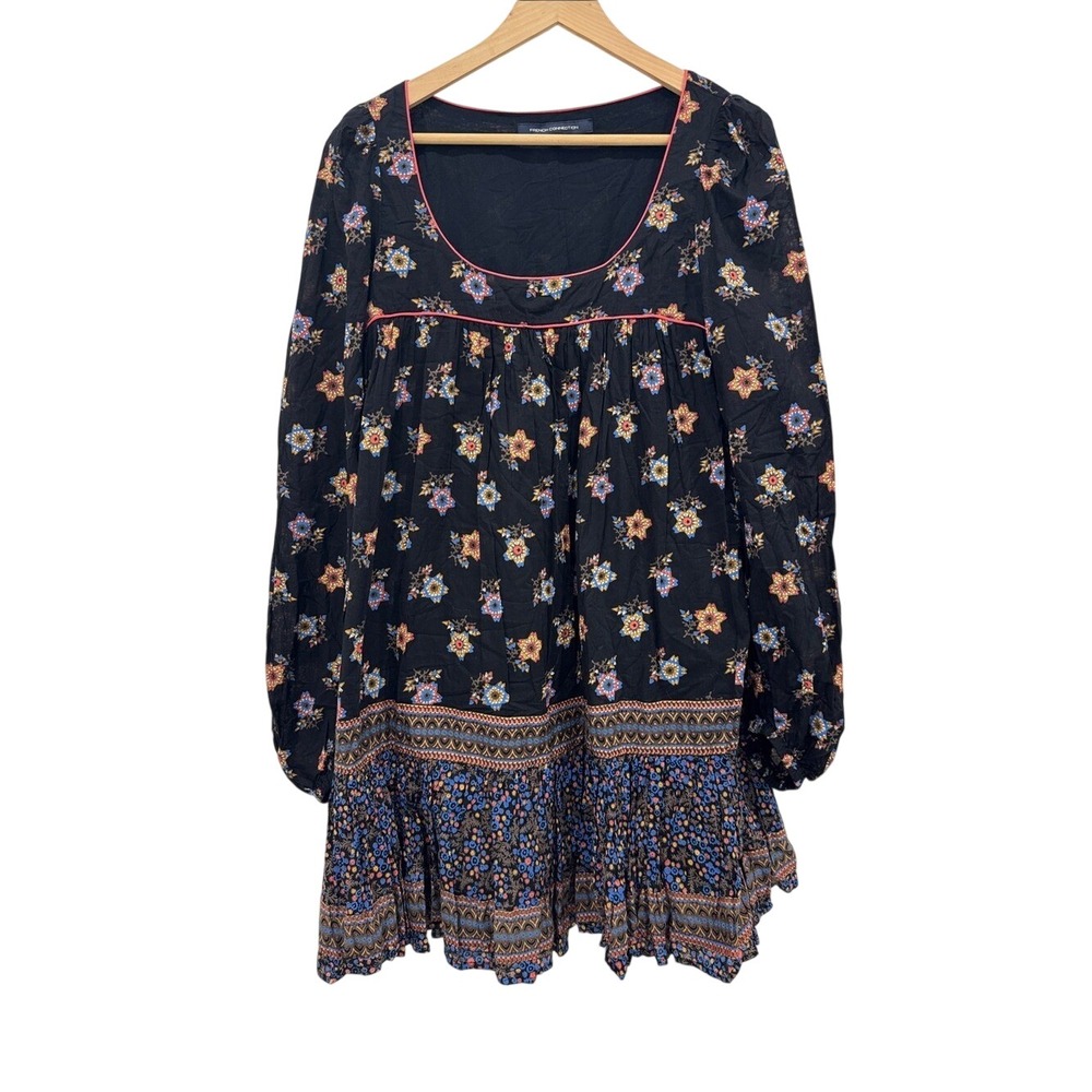 French Connection Boho Floral Mini Dress 100% Cotton Long Sleeve Size 12